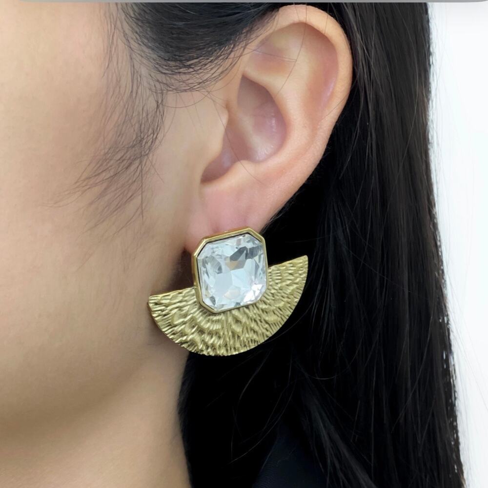 Gold Tone Stainless Steel Jeweled Pierced Earrings - Picture 4 of 4